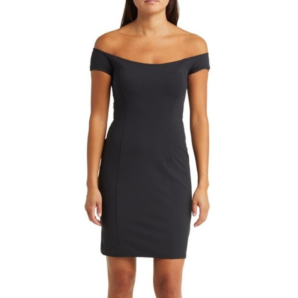 Open Edit Off The Shoulder Dress Short Sleeve Bodycon Sheath Mini Black S